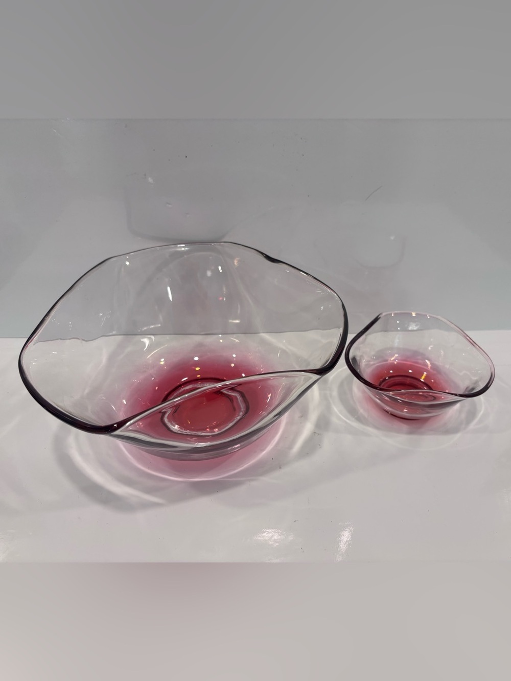 Vintage MCM Cranberry Red Ombre Glass Chip and Dip Bowl Set - 2 Piece
